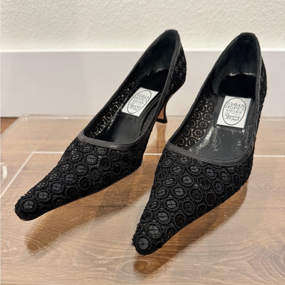 Emma Hope “Regalia for Feet” Black Embroidered Pointed-Toe Heels